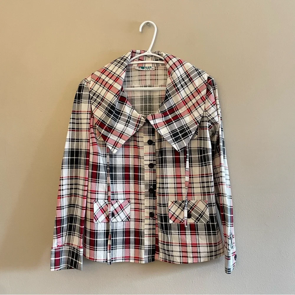 Vintage “K TEEN” White & Red Plaid Drawstring Collar Blouse –Size Large Like New - Picture 2 of 16